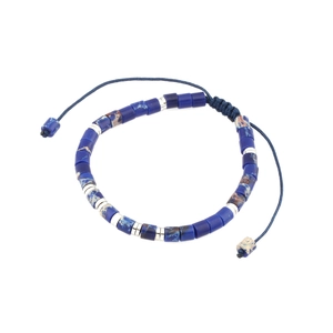Handmade semi-precious stone barrel bead bracelet with adjustable woven blue cord