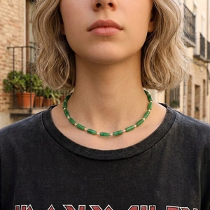 Beaded necklace featuring green cylinder stones and freshwater pearls for women