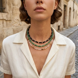 Three-layer bohemian style necklace with multi-colored semi-precious beads and gold accents