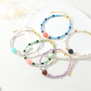 Colorful macaron square bead bracelets with gold lobster clasp and semi-precious stones
