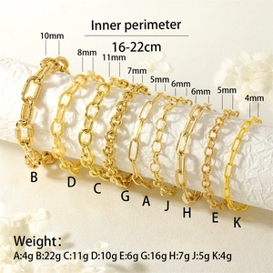 Detailed comparison of nine gold chain bracelet styles with sizes and weights specifications