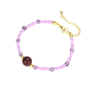 Fashionable macaron pastel beaded bracelet with square semi-precious stones and gold clasp