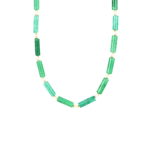 Bohemian necklace featuring green cylindrical semi-precious stones and freshwater pearls