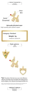Macro detail of gold-plated dog and heart charms with zircon inlay for DIY jewelry