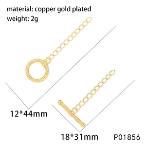 Detail view of gold-plated copper OT toggle clasp for jewelry with dimensions and weight