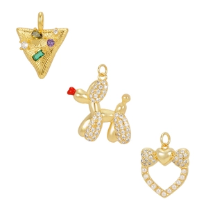 Golden pendant set with balloon dog, colorful gemstone triangle, and pearl heart charms