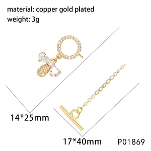 Copper gold plated bee toggle clasp with cubic zirconia pave for jewelry making