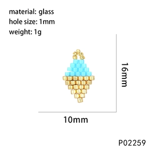 Detail view of a sky blue and gold woven diamond-shaped glass bead with size specifications