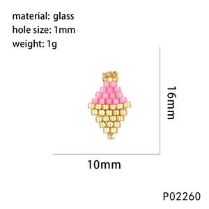 Detail showing pink and gold handmade beaded rhombus charm with 16x10mm size and 1mm hole