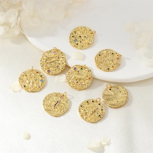 Gold zodiac tarot pendant set with colorful zircon stones and hammered relief texture