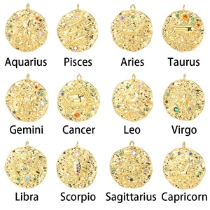 12 Zodiac Signs Constellation Round Embossed Gold Plated Copper Pendants With Colorful Zirconia Retro DIY Jewelry Charms
