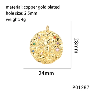 Gold plated zodiac medallion pendant with colorful zircon stones and hammered texture