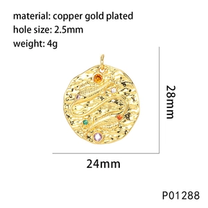 Detailed view of gold plated copper zodiac pendant with fish motif and colorful zircon
