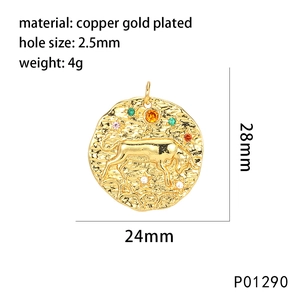 Detail showing gold plated Taurus zodiac coin pendant with colorful zircon stones and dimensions