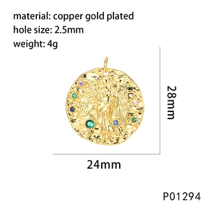 Macro detail of gold plated angel coin pendant with colorful zircon stones and dimensions