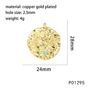 Detail view of gold-plated Libra zodiac pendant with colorful zircon stones and dimensions