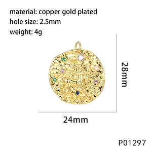 Detailed Sagittarius relief pendant in gold-plated copper with colorful cubic zirconia