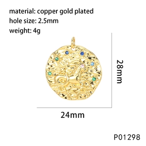 Macro view of gold-plated Capricorn zodiac pendant with colored zircon inlay and dimensions