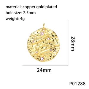 Pisces zodiac tarot coin pendant in gold-plated copper with micro-set zircon accents