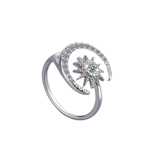 Sparkling S925 sterling silver moon and sun open ring with white cubic zirconia stones
