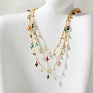 Collana in Rame Placcato Oro di Moda Smalto Malocchio Mano di Fatima Fulmine Margherita Pendente Gioielli Zirconia Donna