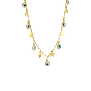 Collana boho dorata con perline malocchio e ciondoli a stella su sfondo bianco puro