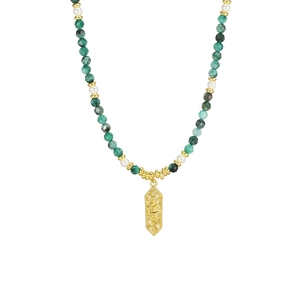 Emerald beaded necklace with white pearls and gold snake pendant on white background
