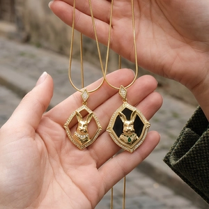 18K Gold Plated Copper Rabbit Zodiac Pendant Necklace With Zirconia Enamel Snake Bone Chain For Women Hiphop Jewelry