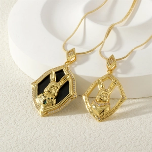 Hip-hop 18K gold plated rabbit zodiac necklace with cubic zirconia and snake chain