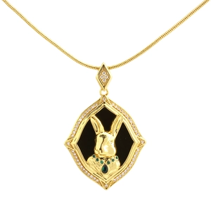 Hiphop rabbit pendant necklace in 18k gold plating with zircon and black enamel finish