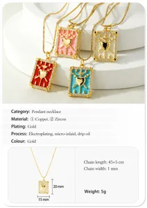 Detailed specs showing heart tarot pendants in copper with 18k gold plating and zircon