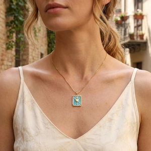 18K gold plated tarot heart pendant necklace with blue enamel and sparkling zircons