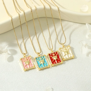 Five colorful square pendant necklaces with heart arrow motifs and sparkling crystals