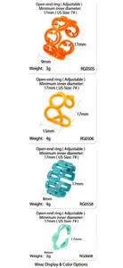 Detail specifications of candy colored open rings with sizes and weight information