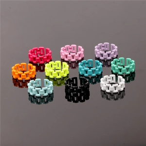 Set of ten colorful chain rings in enamel finish with adjustable open bands for women