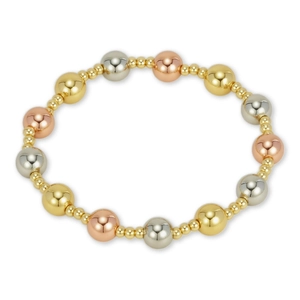 Three-tone 18K gold plated beaded bracelet with alternating metallic spheres in tricolor finish