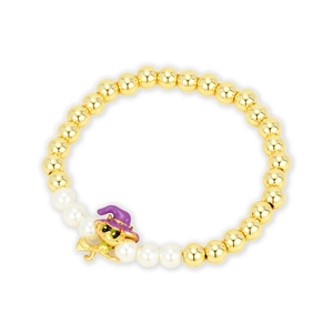 Golden Halloween cat charm bracelet with white pearls and purple witch hat pendant