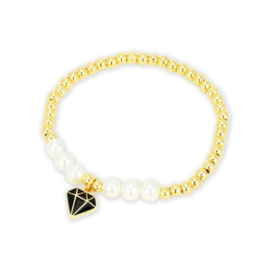 Pulsera elástica de cuentas doradas con perlas blancas y colgante de triángulo negro