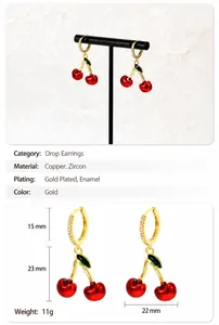Detailed view of red cherry earrings with green enamel leaves and zircon studs