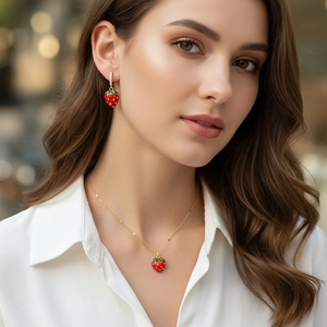 Close-up of strawberry pendant necklace and earrings set worn by a model in daylight