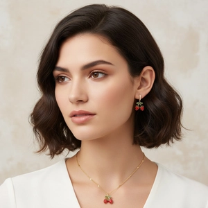 Close-up of elegant red cherry pendant necklace and earrings set worn by a model