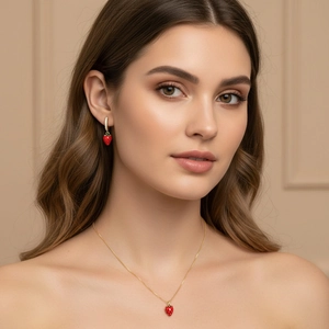 Exquisite red cherry jewelry set with necklace and hoop earrings in gold finish