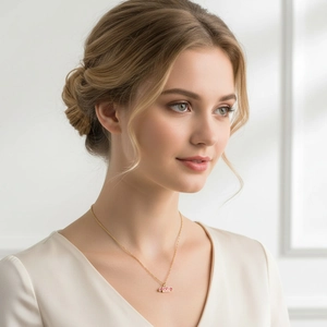Detail einer eleganten Goldkette mit rosa Umschlag-Anhänger, getragen am Modell