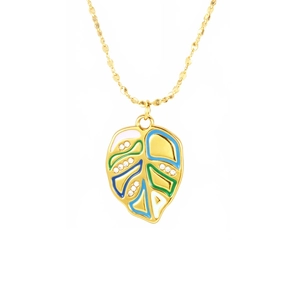 Golden monstera leaf pendant necklace with colorful enamel and zircon inlay details