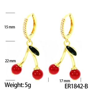 Detailed dimensions of red cherry earrings with gold hooks and sparkling zircon accents