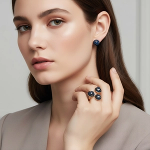 Deep blue enamel jewelry set with golden dots including stud earrings and ring on model