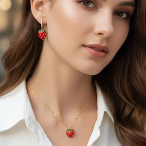 Sweet Red Cherry Strawberry Pendant Necklace Stud Earrings Jewelry Set Gold Plated Copper Enamel Fruit Jewelry For Women Girls Gift