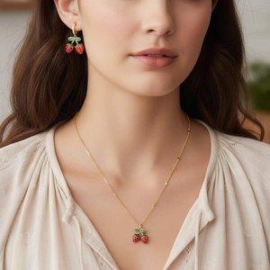 Sparkling red cherry jewelry set with green leaf pendant necklace and earrings for women