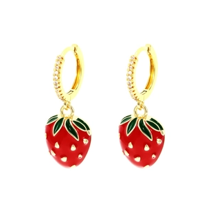 Golden strawberry drop earrings with red enamel and sparkling crystal details