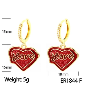 Details zu 18K vergoldeten Herzohrringen mit rotem Love-Anhänger, Maße 15x18mm